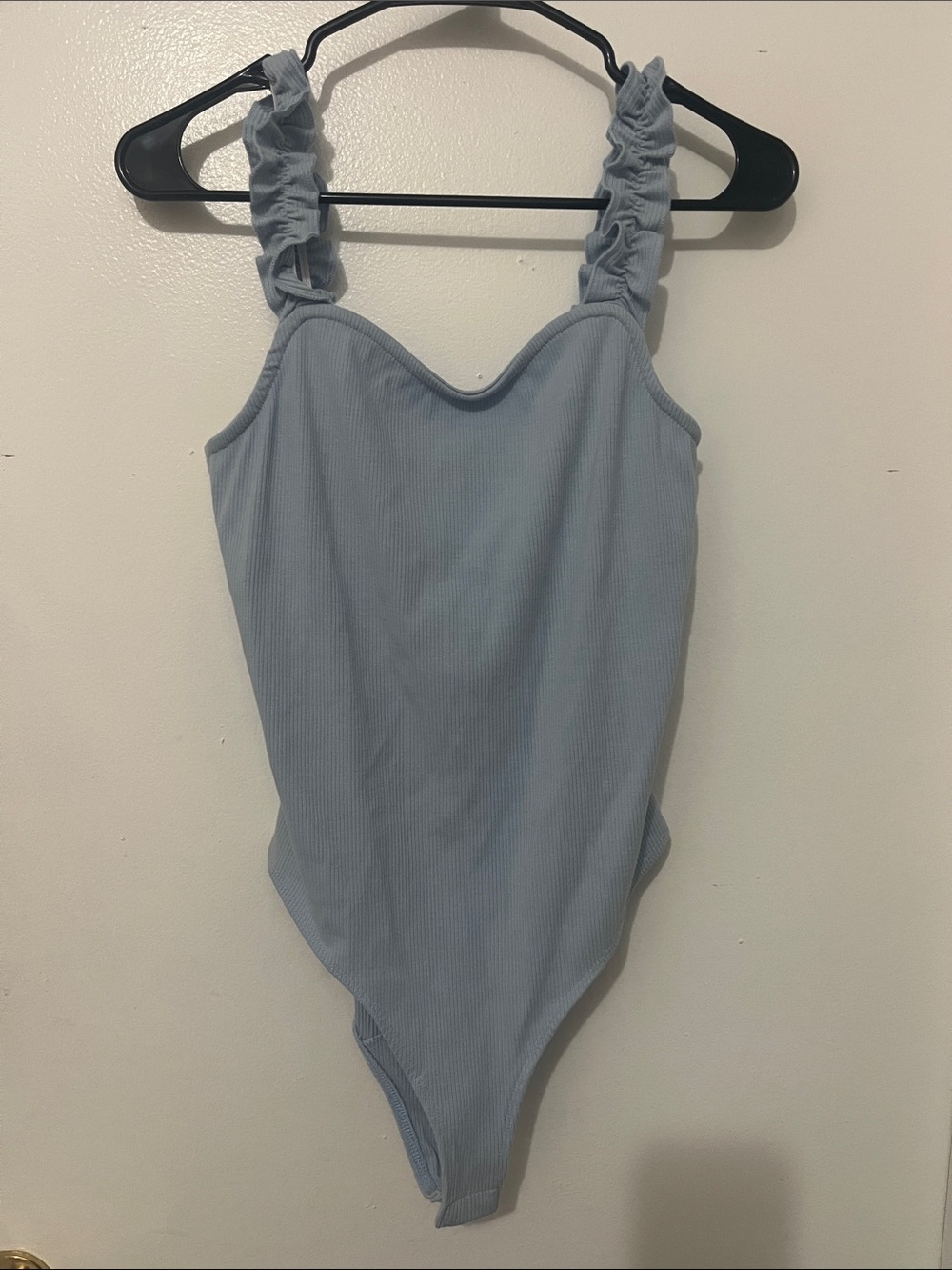 Ruffled Strap Ribbed Light Blue Bodysuit